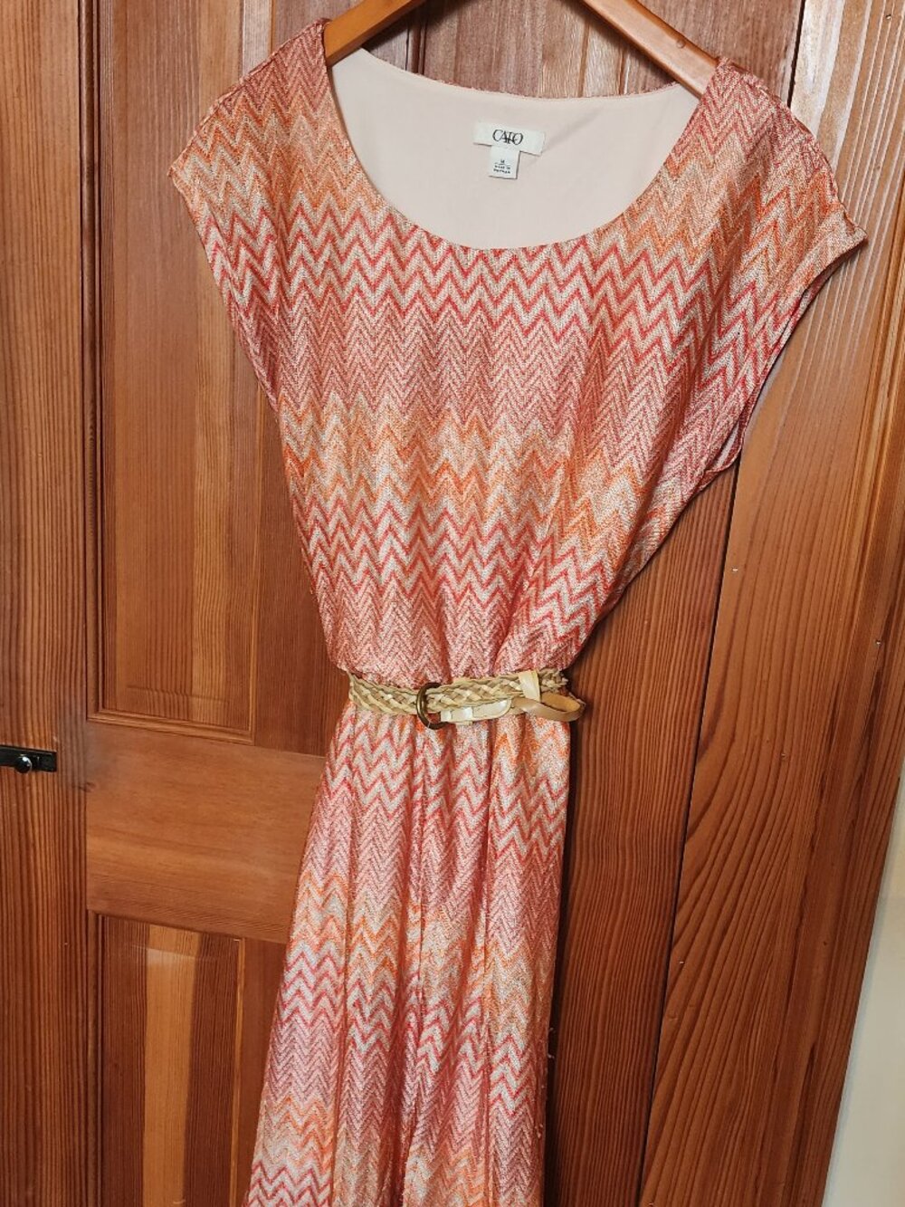 Lightweight, Flattering Orange and Cream Belted Dress with a Soft Sheen, size M